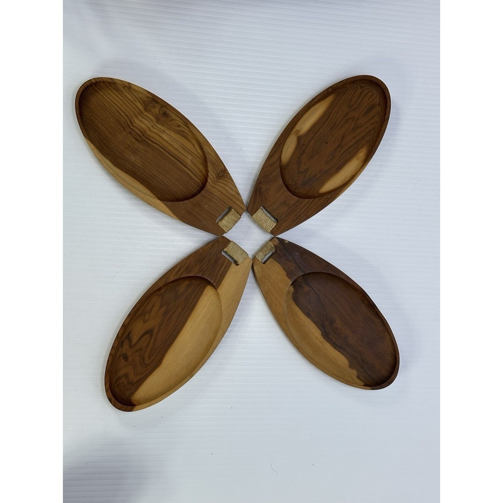 Vintage Teak Wood Snack Trays Set of 4 Atomic MCM Original Label